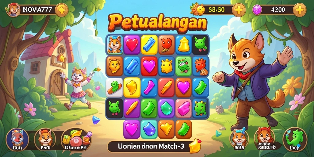 Tampilan gameplay seru LNOVA777 dengan tantangan Match-3 yang menarik.