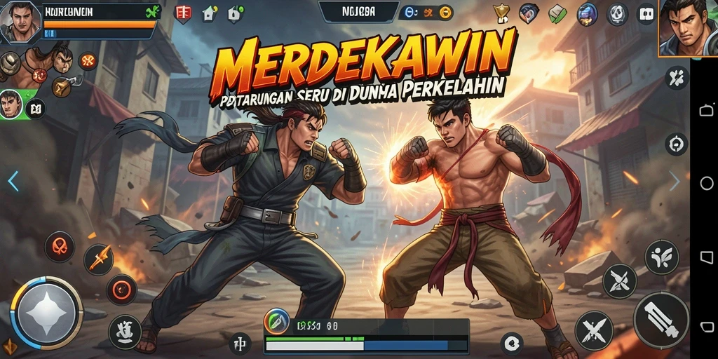 Tangkapan layar MERDEKAWIN menampilkan aksi pertarungan seru dan karakter unik.