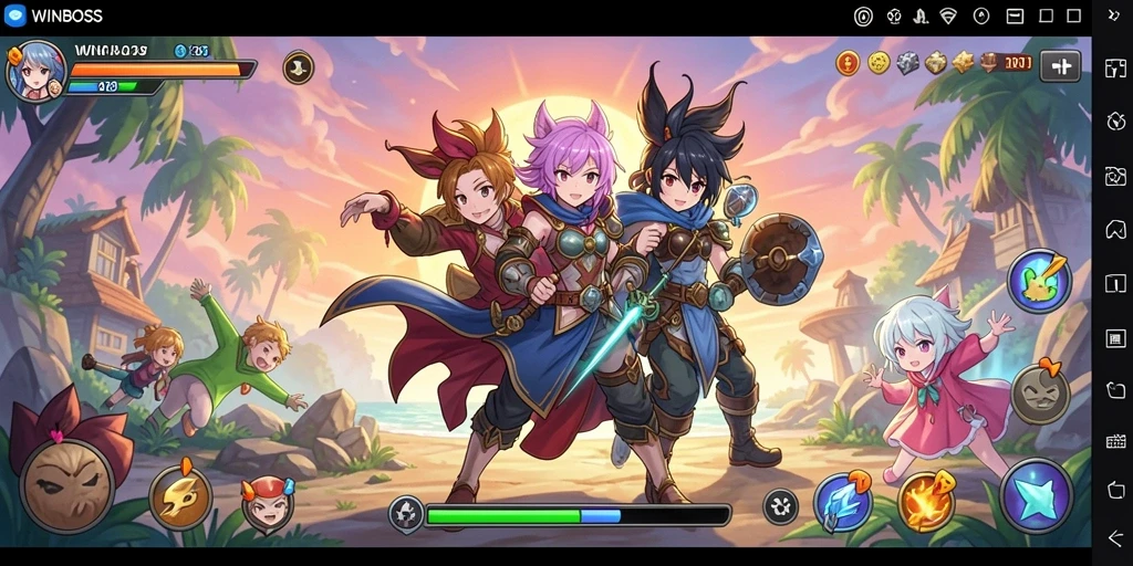 Screenshot gameplay WINBOSS menunjukkan aksi karakter anime yang menakjubkan.